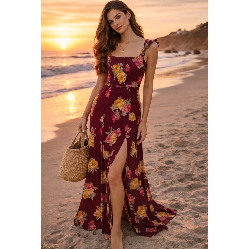 Flynn Skye Burgundy Floral Maxi Dress XS Boho Romantic High Slit Ruffle Strap